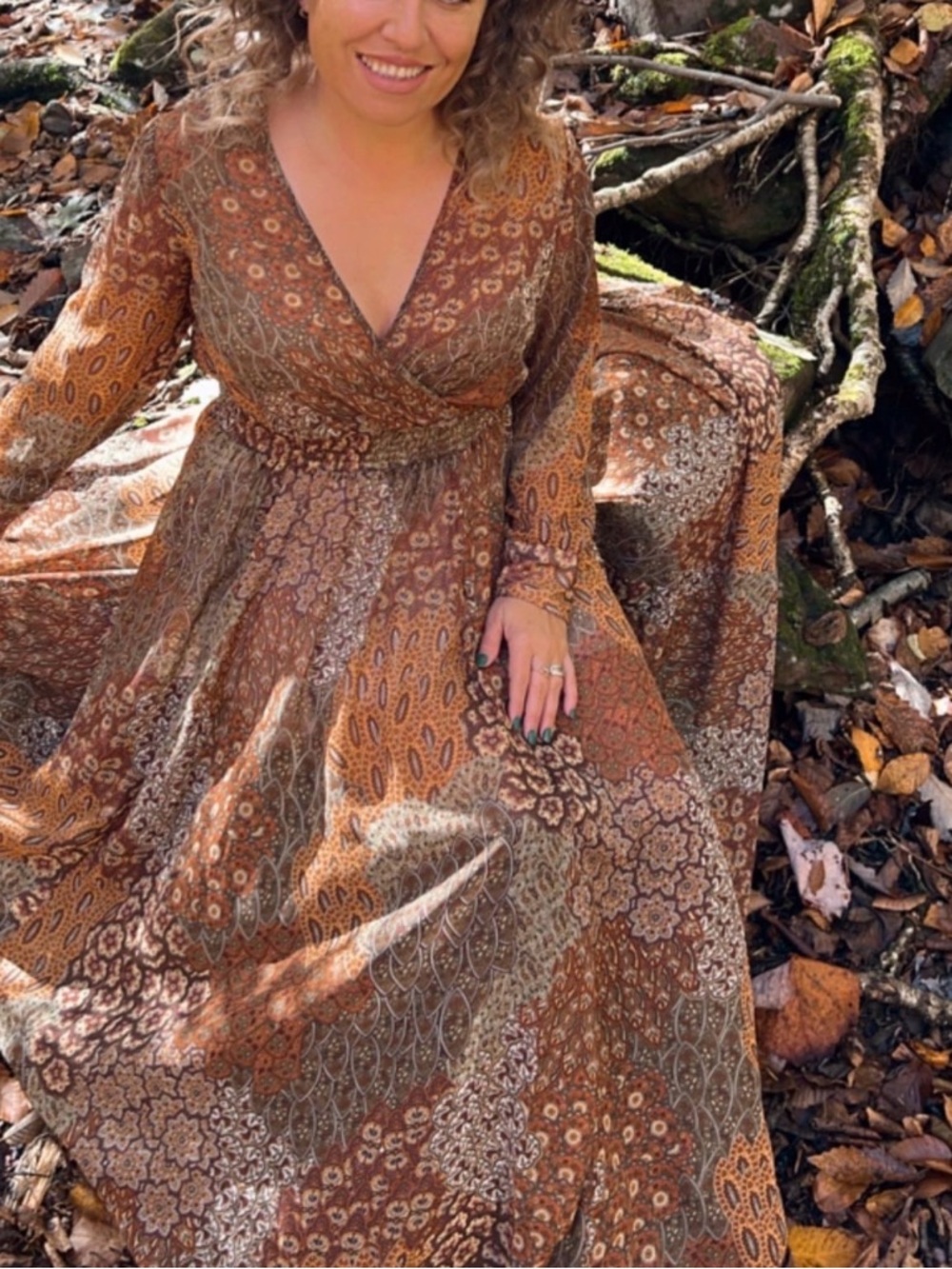 Women’s Brown Paisley Long Sleeve Wrap Maxi Dress